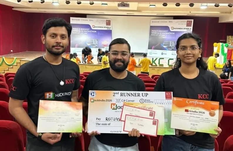 Anuj N and team holding their 2nd runner-up cheque and certificates at HackIndia Spark 4